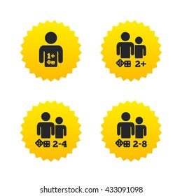 Gamer icons. Board games players sign symbols. Yellow stars labels with flat icons. Vector