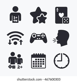 Gamer icons. Board games players signs. Video game joystick symbol. Casino playing card. Wifi internet, favorite stars, calendar and clock. Talking head. Vector