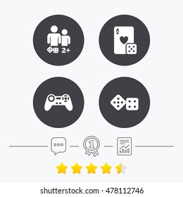 Gamer icons. Board games players signs. Video game joystick symbol. Casino playing card. Chat, award medal and report linear icons. Star vote ranking. Vector