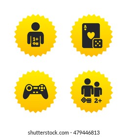 Gamer icons. Board games players signs. Video game joystick symbol. Casino playing card. Yellow stars labels with flat icons. Vector