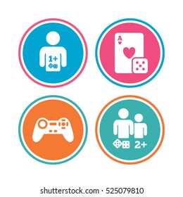 Gamer icons. Board games players signs. Video game joystick symbol. Casino playing card. Colored circle buttons. Vector