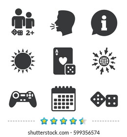 Gamer icons. Board games players signs. Video game joystick symbol. Casino playing card. Information, go to web and calendar icons. Sun and loud speak symbol. Vector
