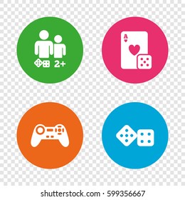 Gamer icons. Board games players signs. Video game joystick symbol. Casino playing card. Round buttons on transparent background. Vector