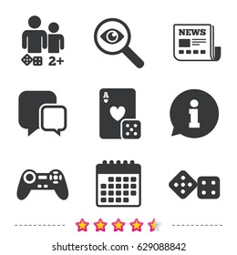 Gamer icons. Board games players signs. Video game joystick symbol. Casino playing card. Newspaper, information and calendar icons. Investigate magnifier, chat symbol. Vector
