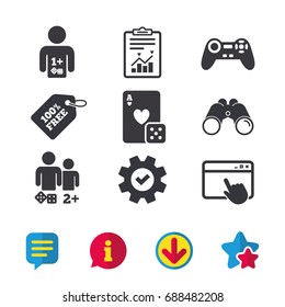 Gamer icons. Board games players signs. Video game joystick symbol. Casino playing card. Browser window, Report and Service signs. Binoculars, Information and Download icons. Stars and Chat. Vector
