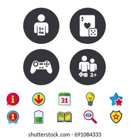 Gamer icons. Board games players signs. Video game joystick symbol. Casino playing card. Calendar, Information and Download signs. Stars, Award and Book icons. Light bulb, Shield and Search. Vector