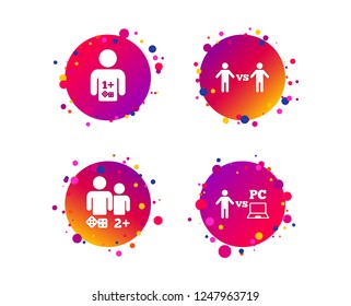 Gamer icons. Board and PC games players signs. Player vs PC symbol. Gradient circle buttons with icons. Random dots design. Vector