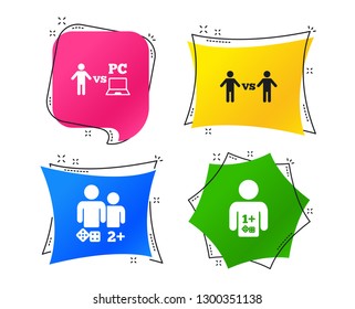 Gamer icons. Board and PC games players signs. Player vs PC symbol. Geometric colorful tags. Banners with flat icons. Trendy design. Vector
