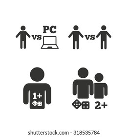 Gamer icons. Board and PC games players signs. Player vs PC symbol. Flat icons on white. Vector