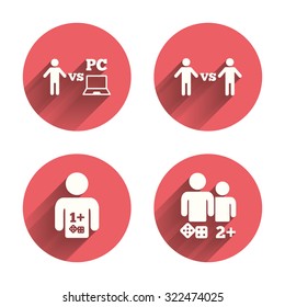 Gamer icons. Board and PC games players signs. Player vs PC symbol. Pink circles flat buttons with shadow. Vector