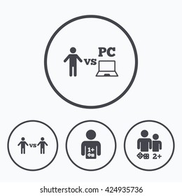 Gamer icons. Board and PC games players signs. Player vs PC symbol. Icons in circles.