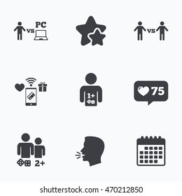 Gamer icons. Board and PC games players signs. Player vs PC symbol. Flat talking head, calendar icons. Stars, like counter icons. Vector