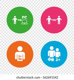 Gamer icons. Board and PC games players signs. Player vs PC symbol. Round buttons on transparent background. Vector