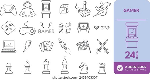 GAMER ICONS WITH EDITABLE LINES. ELEMENTS TO ILLUSTRATE, SYMBOLS, GAMES, ENTERTAINMENT, GEEK, CARDS, CHESSES, CONTROLS, COMPUTER AND OTHERS. PIXEL PERFECT. EDITABLE LINE