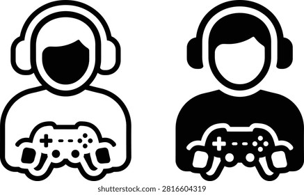 Gamer icons with headset and game controller in solid and outline controller headphones videogame technology joystick
