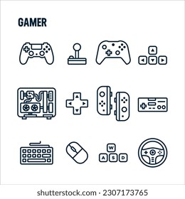 Gamer icons. Gamer and streamer vector set. Linear icon design. Controls and peripherals.