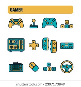 Gamer icons. Gamer and streamer vector set. Color icon design. Controls and peripherals.