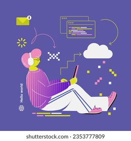 Gamer or IT-specialist, data scientist, cloud storage. Online communication. Y2k illustration. Social media. Flat design. Cyber Wave. Vaporwave. Retro vibes. IT-specialist. Trendy stickers.