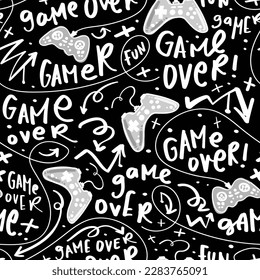 Gamer joystick controller cartoon drawing and game over text. Seamless pattern repeating texture background. Vector illustration design for fashion graphics, prints.