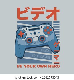 Gamer joystick typography, tee shirt graphics, vectors, japan translation video game