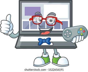 Gamer laptop cartoon mascot on white background.