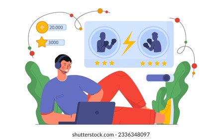 Gamer with laptop concept. Young guy in headphones plays game, competes with other players. Cyber sports, tournament and competition. Fun and entertainment. Cartoon flat vector illustration