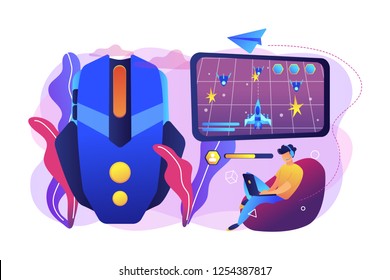 Gamer with laptop overcomes challenges in space video game and gaming mouse. Action games, first-person shooter, action games championship concept. Bright vibrant violet vector isolated illustration