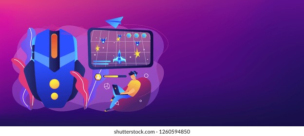 Gamer with laptop overcomes challenges in space video game and gaming mouse. Action games, first-person shooter, action games championship concept. Header or footer banner template with copy space.