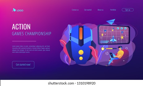 Gamer with laptop overcomes challenges in space video game and gaming mouse. Action games, first-person shooter, action games championship concept. Website vibrant violet landing web page template.