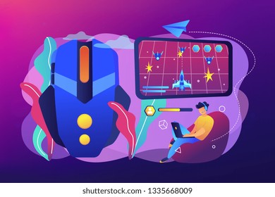 Gamer with laptop overcomes challenges in space video game and gaming mouse. Action games, first-person shooter, action games championship concept. Bright vibrant violet vector isolated illustration