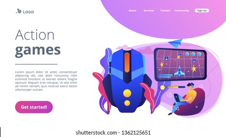 Gamer with laptop overcomes challenges in space video game and gaming mouse. Action games, first-person shooter, action games championship concept. Website vibrant violet landing web page template.