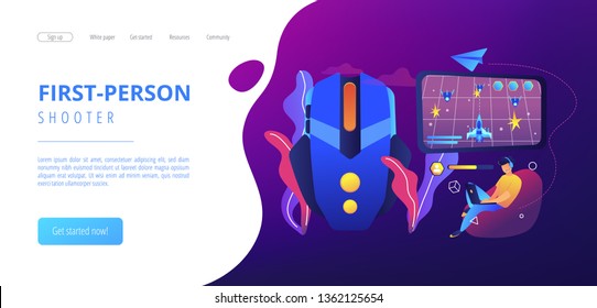 Gamer with laptop overcomes challenges in space video game and gaming mouse. Action games, first-person shooter, action games championship concept. Website vibrant violet landing web page template.
