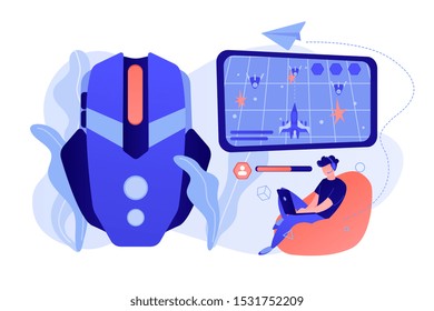 Gamer with laptop overcomes challenges in space video game and gaming mouse. Action games, first-person shooter, action games championship concept. Pinkish coral bluevector isolated illustration