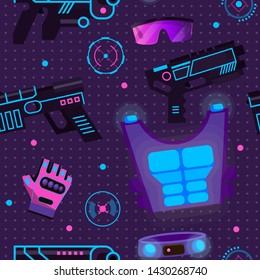 Gamer in laser tag vector player character gaming in lasertag with gun shooting in aim illustration in gameplay with laser weapon background