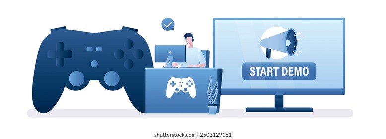 Gamer launch trial version of game to get acquainted. Beta version of new videogame. Giant joystick. Initial demo period concept. Monitor displays content with button and loudspeaker. User experience.