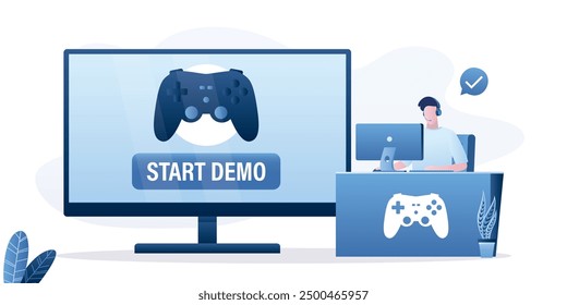 Gamer launches trial version of game to get acquainted. Beta version of new videogame. Initial demo version concept. Monitor displays content with button and joystick. User experience and trial period