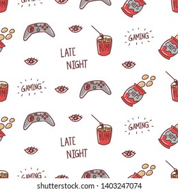 Gamer life seamless pattern, analog, instant noodles, night, chips, eyes