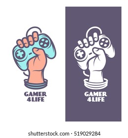 Gamer For Life T-shirt Design. Oldschool Videogames Related Poster. Hand With Joystick. Vector Vintage Illustration.