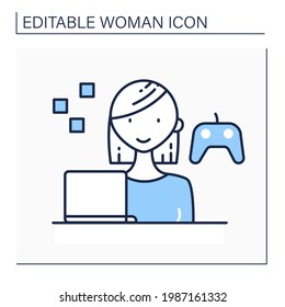 Gamer line icon. Woman plays interactive games, especially video games, tabletop role-playing. Having laptop. Enjoying process. Successful woman concept. Isolated vector illustration.Editable stroke