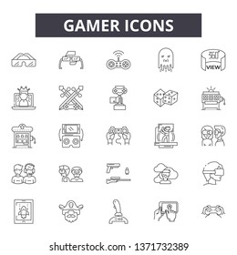 Gamer line icons, signs set, vector. Gamer outline concept, illustration: gamer,game,video,computer,play,gaming,controller,console