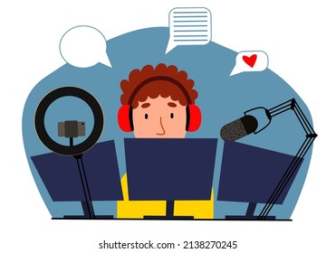 A Gamer In A Live Match Sitting At A Table With A Desktop PC Setup, A Gaming Chair, A Microphone And A Webcam. Esports Streamer. Flat Vector Illustration.