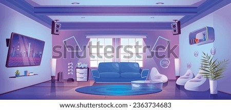 Gamer living room with furniture and gaming equipment. Vector cartoon illustration of blue interior with couch, armchairs, tv and neon light decorations on wall, console stand, loudspeakers on ceiling