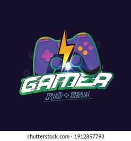 Gamer logo concept. gamer controller with thunder - vector