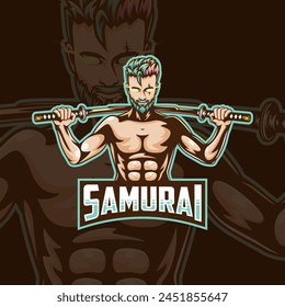 Gamer logo with icon of man holding two swords or katana. A samurai with sharp eyes, very suitable for all groups