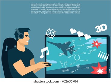 Gamer male plays on the console air combat arcade and game icons around it
