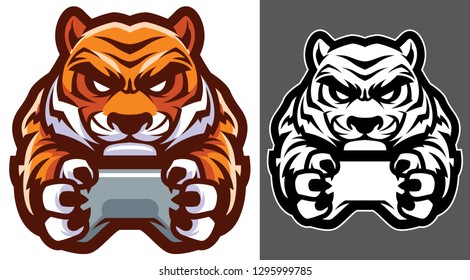 Gamer mascot with determined tiger holding video games controller.