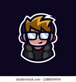 Gamer Mascot Geek Boy Logo With Headphones And Glasses