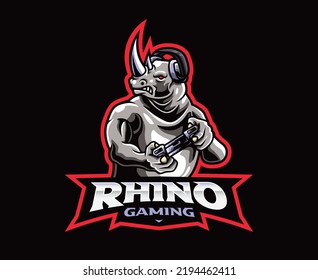 Gamer mascot logo design. Rhino gamer vector illustration. Logo illustration for mascot or symbol and identity, emblem sports or e-sports gaming team