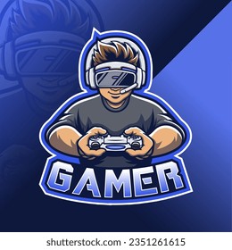 Gamer Mascot Logo Design Vektor. Gamer-Illustration für Sportteam. Illustration eines jungen Mannes mit einem VR-Headset. Moderner Illustrationsstil für Abzeichen.