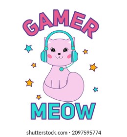 Gamer meow cute flat style gamer girl vector illustration with a cat wearing headphones. Gamer girl cocnept for print, textile, t-shirt, party, sticker, poster, kids party etc. Kawaii cat gamer design